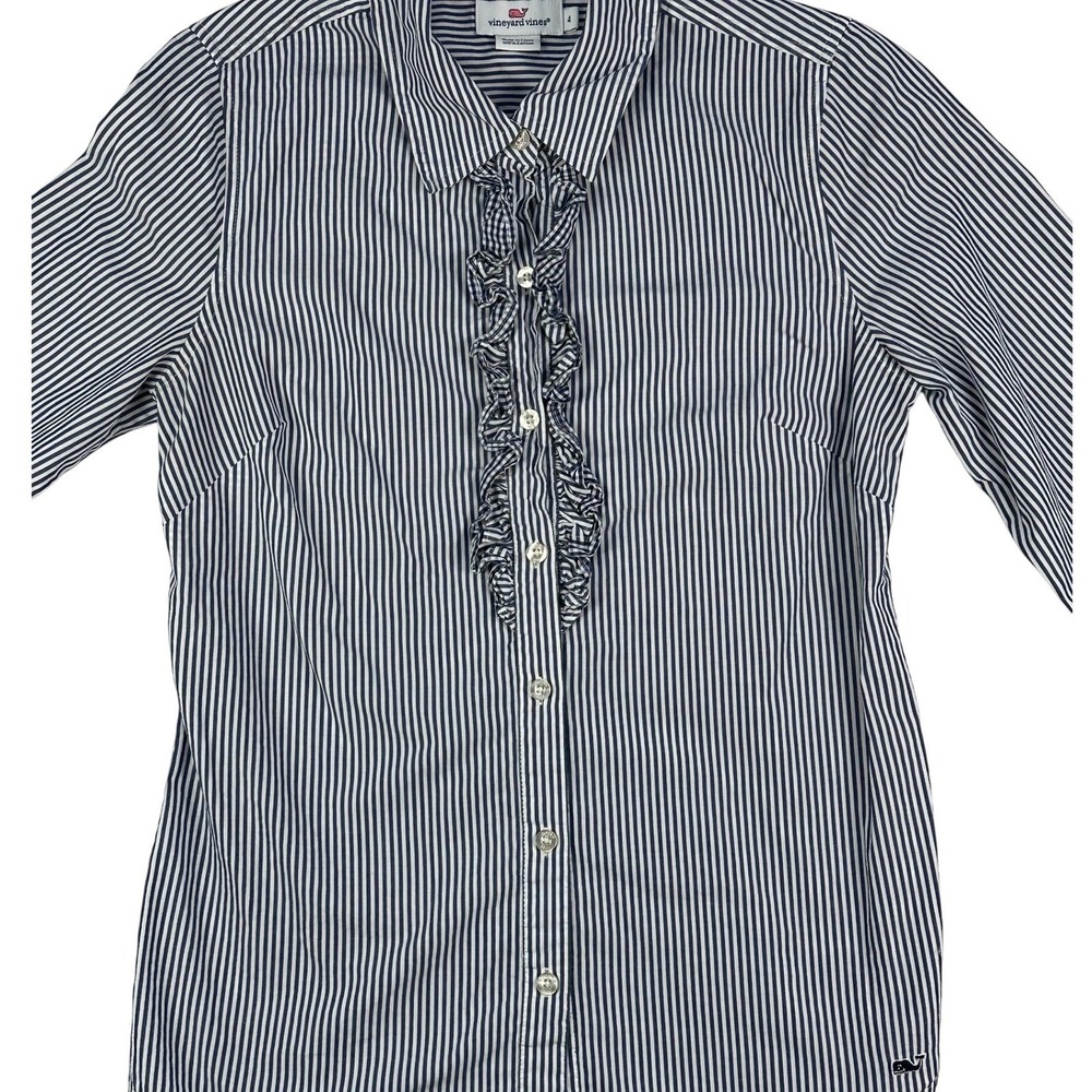 Vineyard Vines Womens Navy Blue Striped Ruffle Front Button Down Shirt Size 4